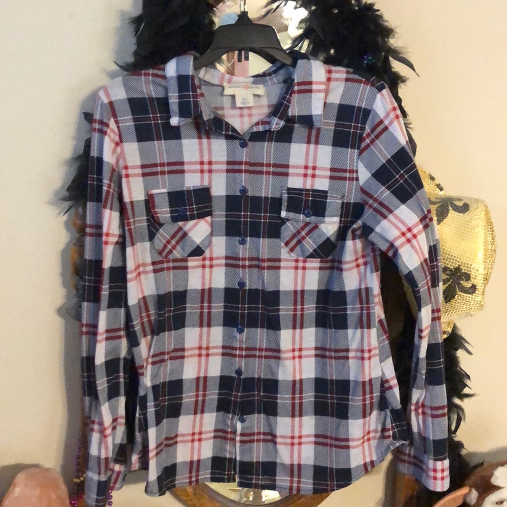 red ,white and blue button down flannel shirt